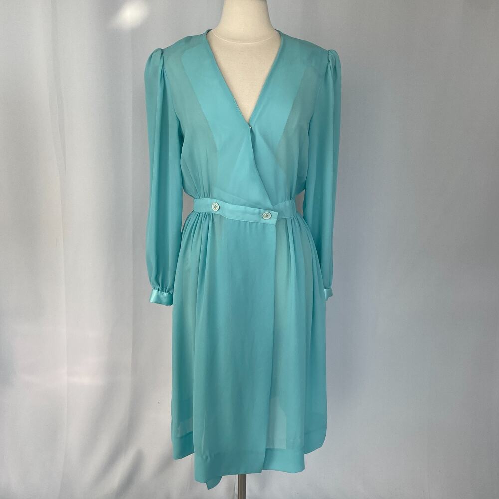 Vintage Dress Size 10 Teal Blue Pastel Wrap A Line Minimal Midi Sheer Office 80s